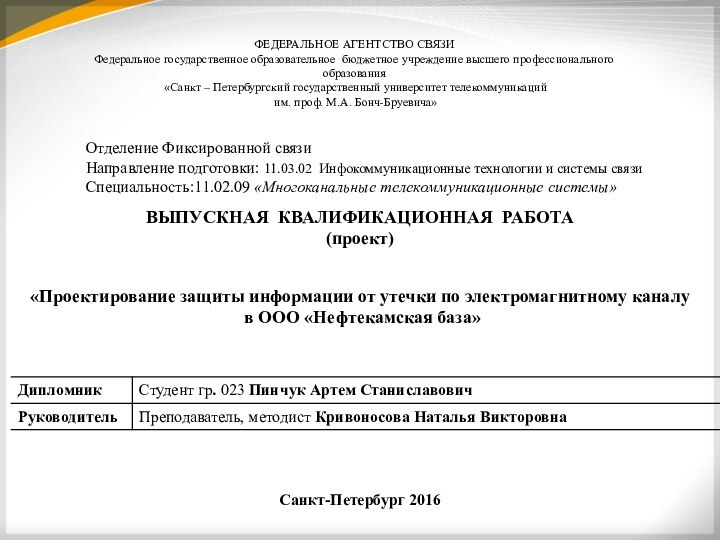 Санкт-Петербург 2016ФЕДЕРАЛЬНОЕ АГЕНТСТВО СВЯЗИФедеральное государственное образовательное бюджетное учреждение высшего профессионального образования «Санкт