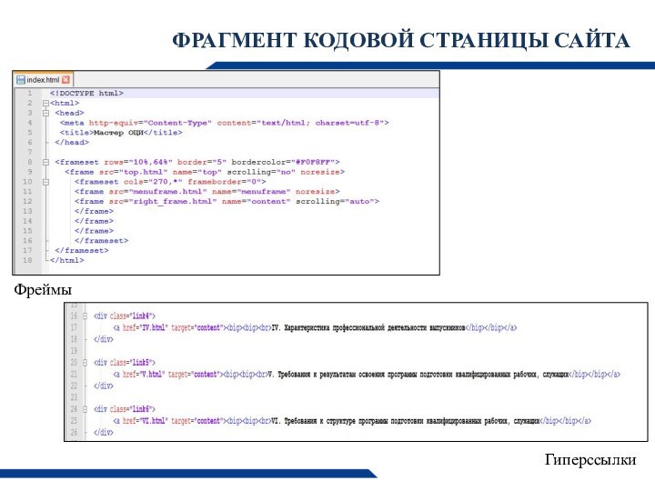 ФРАГМЕНТ КОДОВОЙ СТРАНИЦЫ САЙТА Фреймы Гиперссылки