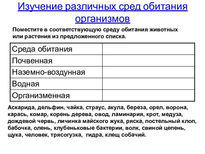 Изучение различных сред обитания организмовАскарида, дельфин, чайка, страус, акула, береза, орел, ворона,