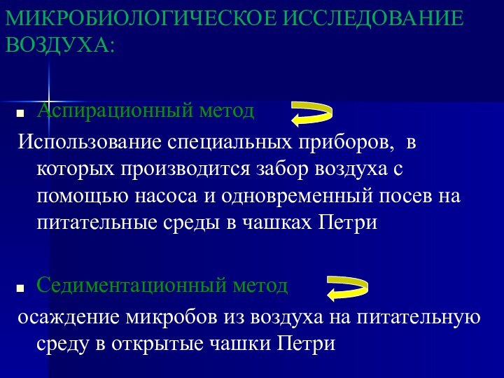 МИКРОБИОЛОГИЧЕСКОЕ ИССЛЕДОВАНИЕ ВОЗДУХА:Аспирационный методИспользование специальных приборов, в которых производится забор воздуха с