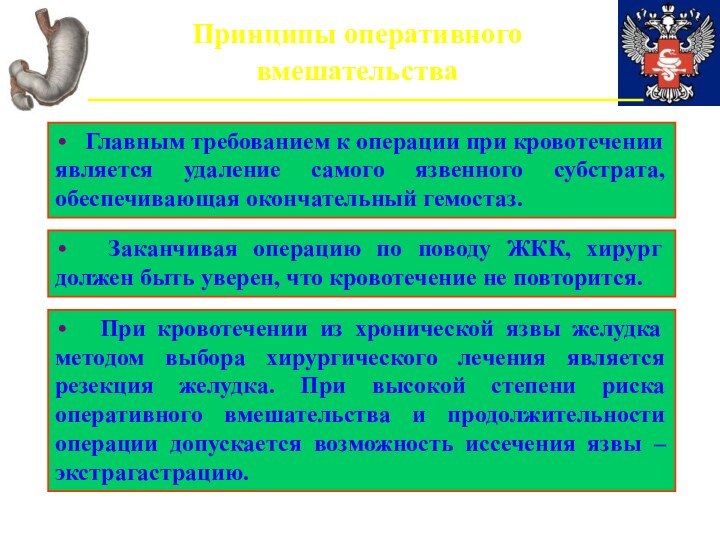 Принципы оперативного вмешательства  Главным требованием к операции при кровотечении является удаление