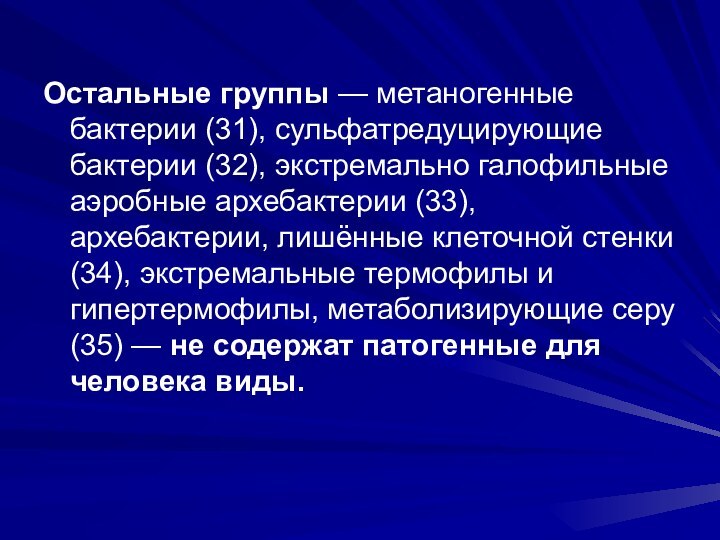 Остальные группы — метаногенные бактерии (31), сульфатредуцирующие бактерии (32), экстремально галофильные аэробные