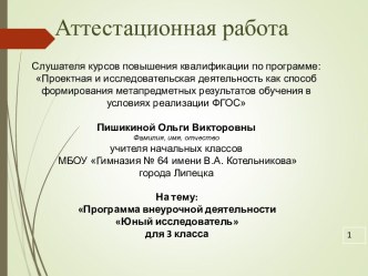 Аттестационная работа. Программа внеурочной деятельности Юный исследователь для 3 класса