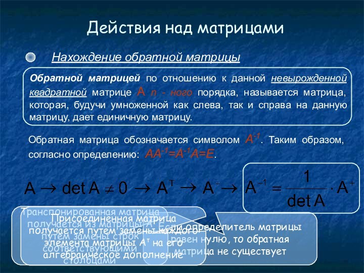 Действия над матрицамиНахождение обратной матрицыОбратная матрица обозначается символом А-1. Таким образом, согласно