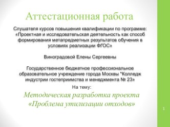 Аттестационная работа. Методическая разработка проекта Проблема утилизации отходов