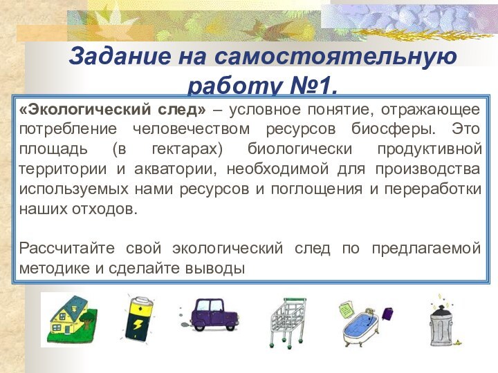 Задание на самостоятельную работу №1.«Экологический след» – условное понятие, отражающее потребление человечеством