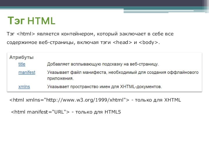 Тэг HTMLТэг является контейнером, который заключает в себе все содержимое веб-страницы, включая