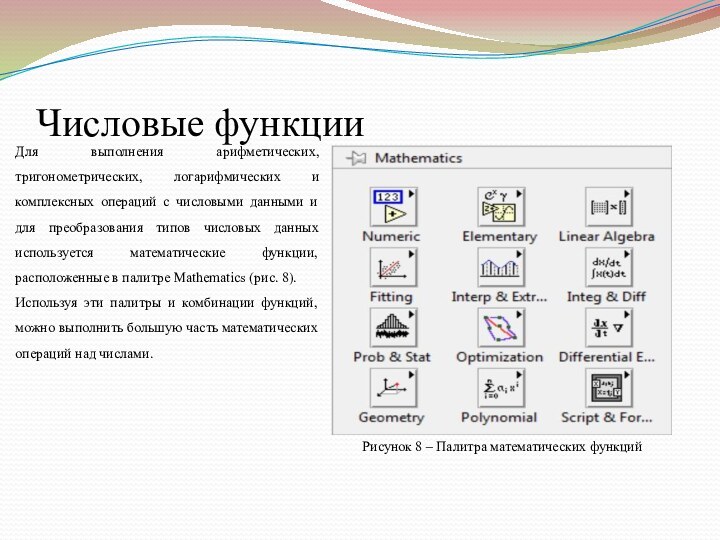 Числовые функцииДля выполнения арифметических, тригонометрических, логарифмических и комплексных операций с числовыми данными