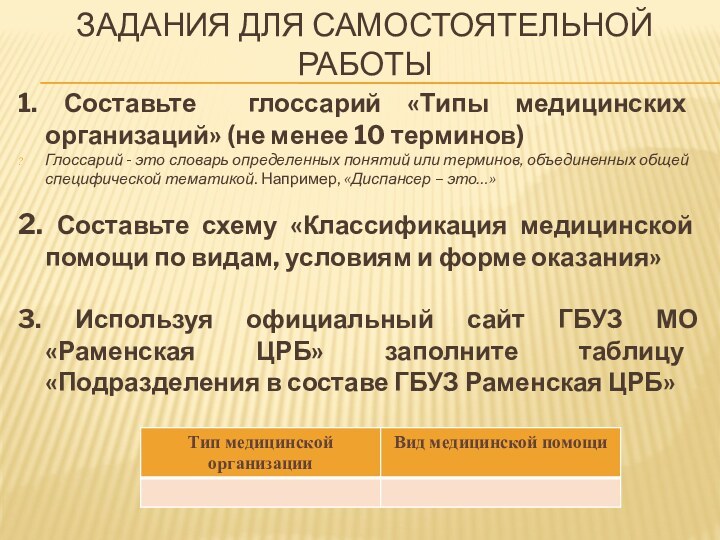 ЗАДАНИЯ ДЛЯ САМОСТОЯТЕЛЬНОЙ РАБОТЫ1. Составьте глоссарий «Типы медицинских организаций» (не менее 10