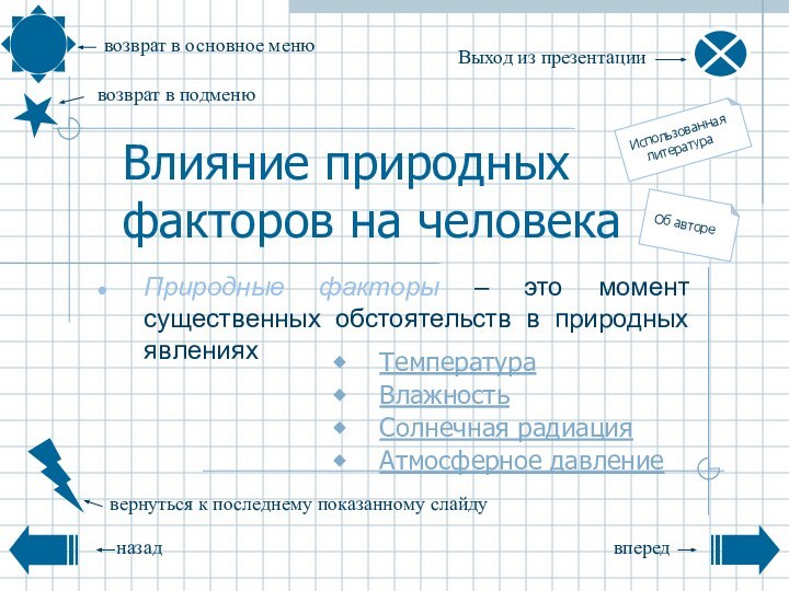 Влияние природных факторов на человекаТемператураВлажностьСолнечная радиацияАтмосферное давлениеПриродные факторы – это момент существенных