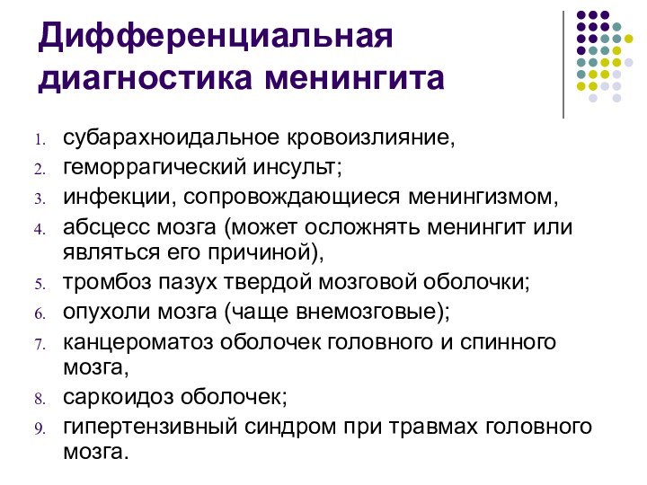 Дифференциальная диагностика менингита субарахноидальное кровоизлияние, геморрагический инсульт; инфекции, сопровождающиеся менингизмом, абсцесс мозга