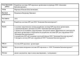 Разработка системы KPI персонала организации на примере ООО Компания Бензоинструмент