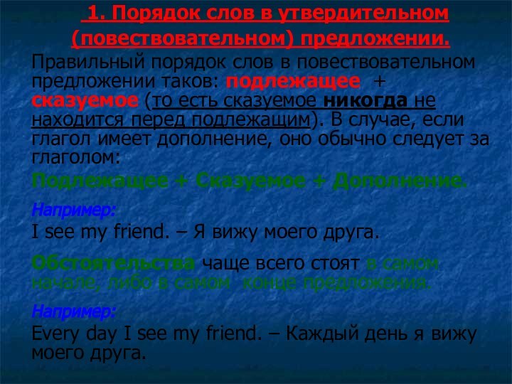 1. Порядок слов в утвердительном (повествовательном) предложении.Правильный порядок слов в повествовательном