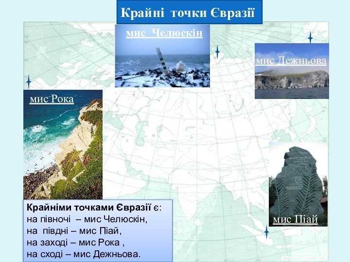 мис Челюскінмис Дежньовамис РокаКрайні точки Євразіїмис ПіайКрайніми точками Євразії є: на півночі 