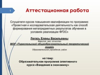 Аттестационная работа. Образовательная программа элективного курса Введение в экономику