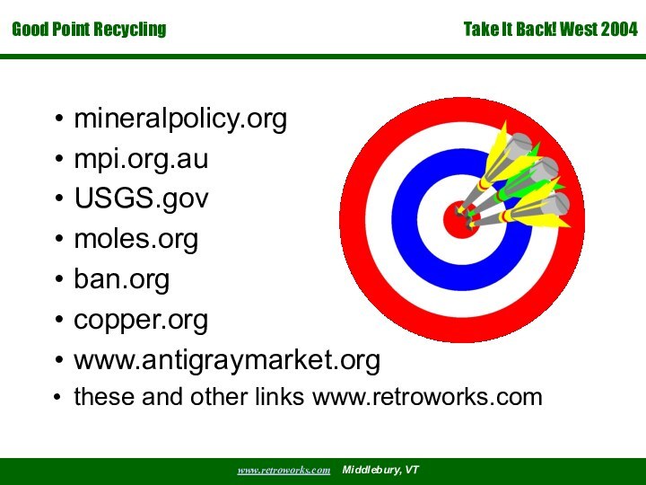 mineralpolicy.orgmpi.org.auUSGS.govmoles.orgban.orgcopper.orgwww.antigraymarket.org  these and other links www.retroworks.com