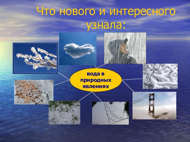 Что нового и интересного узнала:вода в природныхявленияхинейморозна окнахградросатуманснегдождьоблака