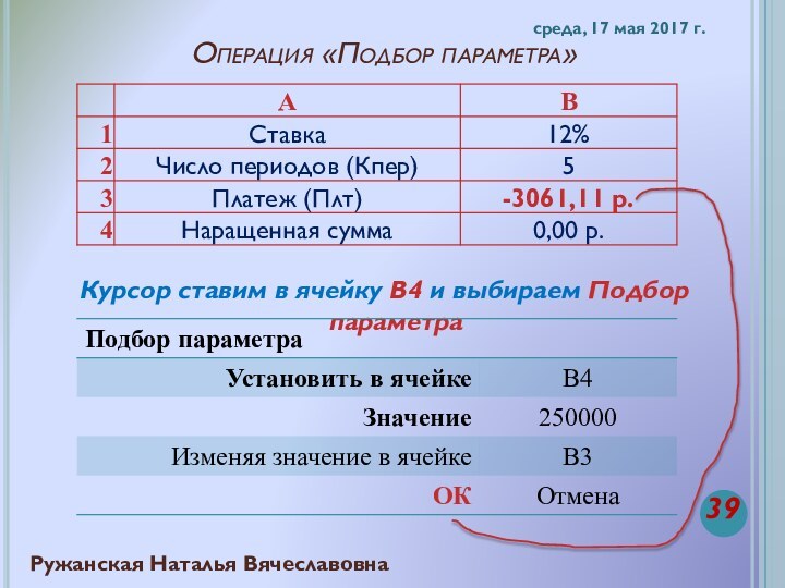 Операция «Подбор параметра»среда, 17 мая 2017 г.Ружанская Наталья ВячеславовнаКурсор ставим в ячейку