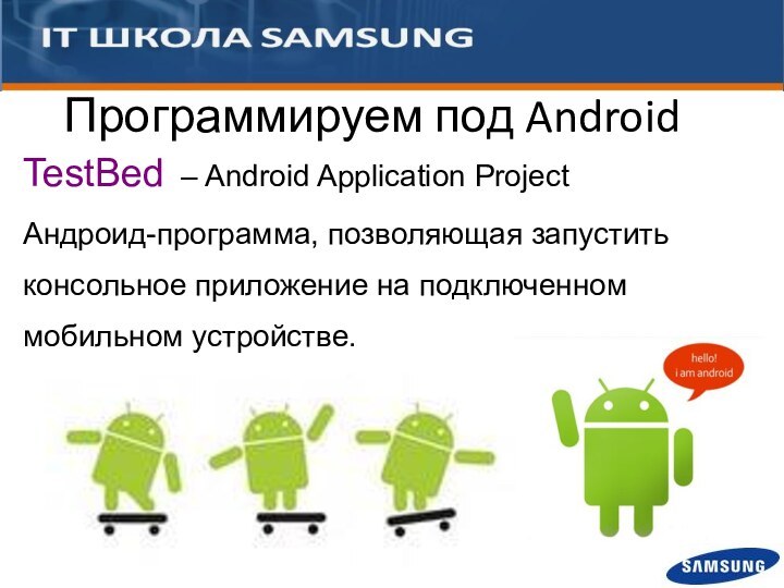 Программируем под AndroidTestBed – Android Application Project Андроид-программа, позволяющая запустить консольное приложение на подключенном мобильном устройстве.