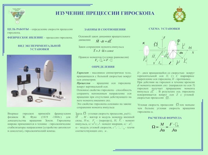 ИЗУЧЕНИЕ ПРЕЦЕССИИ ГИРОСКОПАЦЕЛЬ РАБОТЫ – определение скорости прецессии гироскопа.ФИЗИЧЕСКОЕ ЯВЛЕНИЕ – прецессия