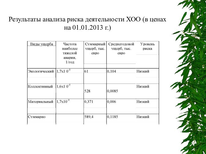 Результаты анализа риска деятельности ХОО (в ценах на 01.01.2013 г.)