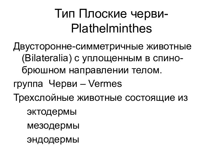 Тип Плоские черви- PlathelminthesДвусторонне-симметричные животные (Bilateralia) c уплощенным в спино-брюшном направлении телом.группа