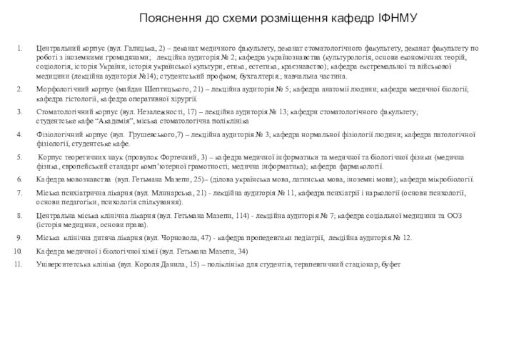 Пояснення до схеми розміщення кафедр ІФНМУЦентральний корпус (вул. Галицька, 2) – деканат