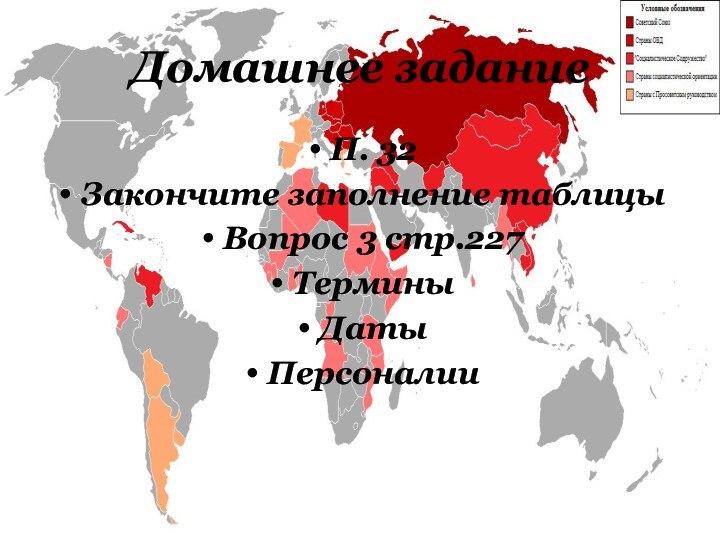 Домашнее заданиеП. 32Закончите заполнение таблицыВопрос 3 стр.227ТерминыДатыПерсоналии