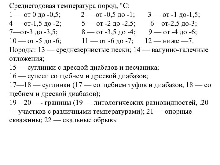 Среднегодовая температура пород, °С: 1 — от 0 до -0,5;