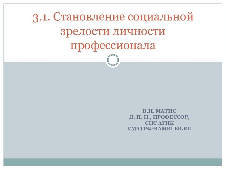 В.И. МАТИСД. П. Н., ПРОФЕССОР, СНС АГИКVMATIS@RAMBLER.RU3.1. Становление социальной зрелости личности профессионала