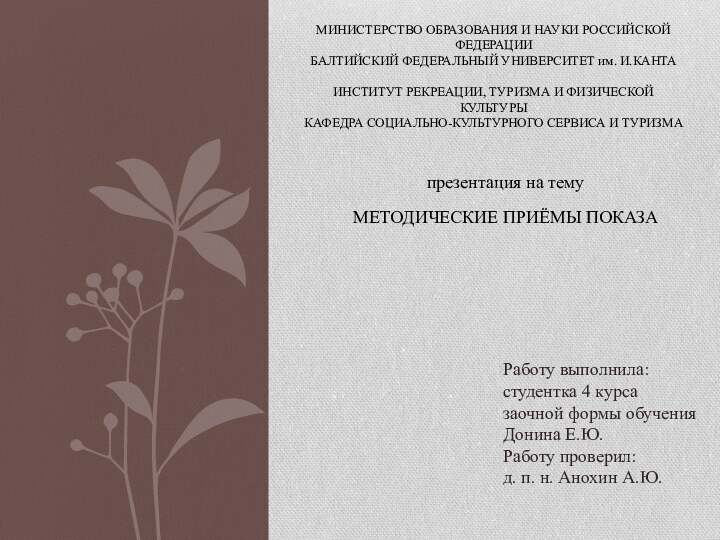 МЕТОДИЧЕСКИЕ ПРИЁМЫ ПОКАЗАМИНИСТЕРСТВО ОБРАЗОВАНИЯ И НАУКИ РОССИЙСКОЙ ФЕДЕРАЦИИ БАЛТИЙСКИЙ ФЕДЕРАЛЬНЫЙ УНИВЕРСИТЕТ им.