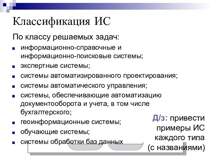 Классификация ИСПо классу решаемых задач:информационно-справочные и  информационно-поисковые системы;экспертные системы;системы автоматизированного проектирования;системы