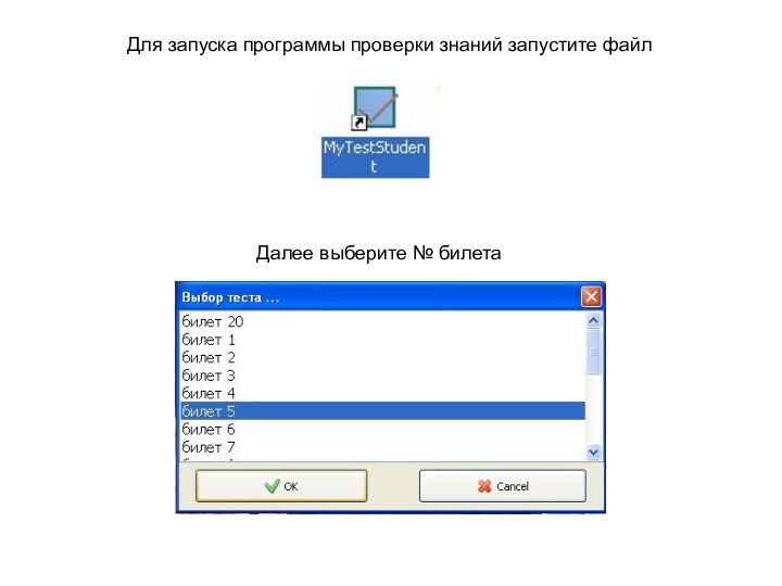 Для запуска программы проверки знаний запустите файлДалее выберите № билета