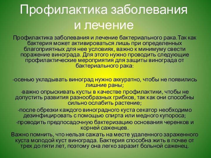 Профилактика заболевания и лечение Профилактика заболевания и лечение бактериального рака.Так как бактерия