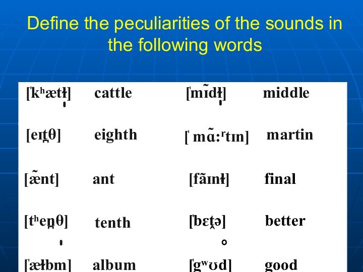 Define the peculiarities of the sounds in the following words
