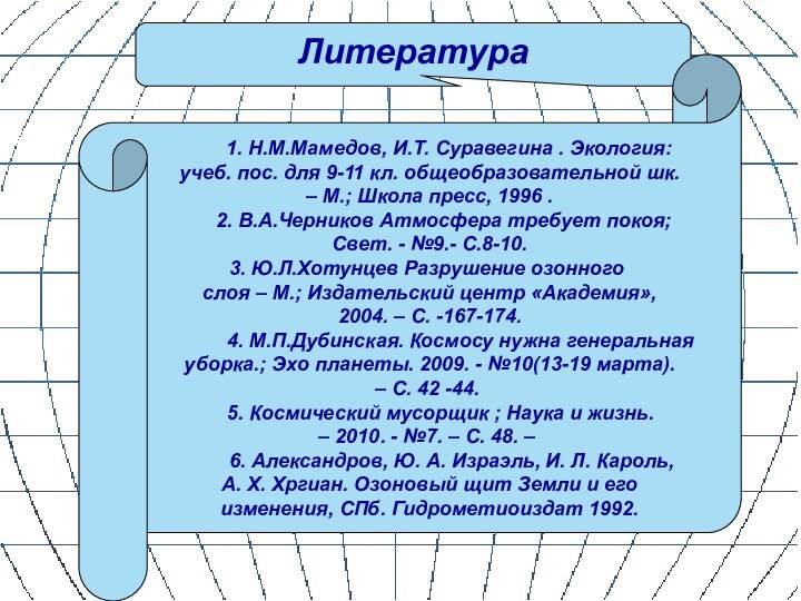 Литература    1. Н.М.Мамедов, И.Т. Суравегина . Экология: учеб. пос.