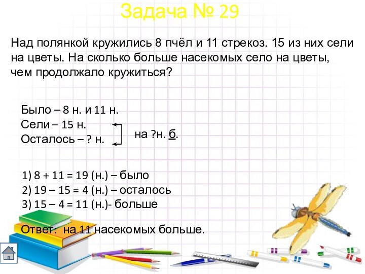 Над полянкой кружились 8 пчёл и 11 стрекоз. 15 из них сели