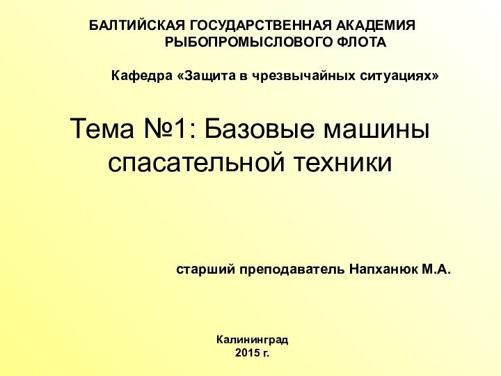 БАЛТИЙСКАЯ ГОСУДАРСТВЕННАЯ АКАДЕМИЯ РЫБОПРОМЫСЛОВОГО ФЛОТА   Кафедра «Защита в чрезвычайных ситуациях»