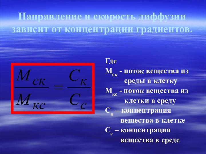 Уравнение Уссинга   Направление и скорость диффузии зависит от концентрации