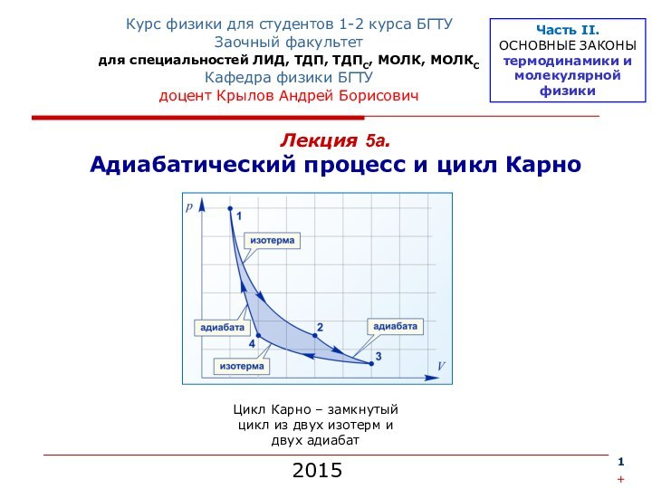 Лекция 5а. Адиабатический процесс и цикл КарноКурс физики для студентов 1-2 курса