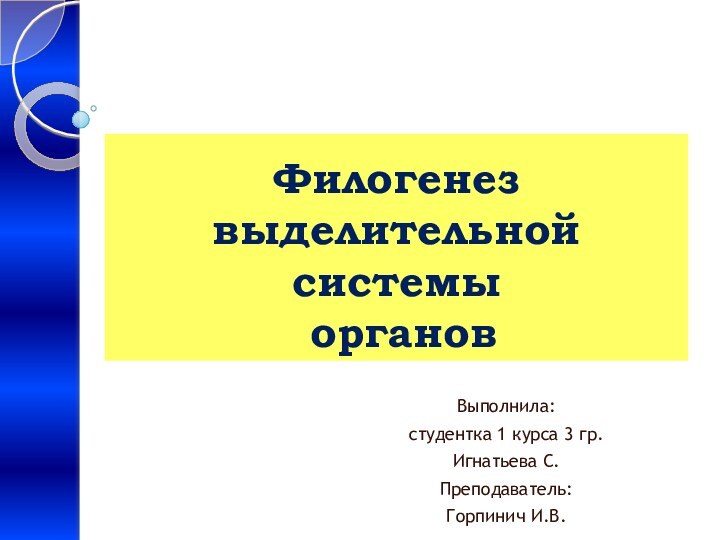 Филогенез выделительной системы  органовВыполнила:студентка 1 курса 3 гр.Игнатьева С.Преподаватель:Горпинич И.В.