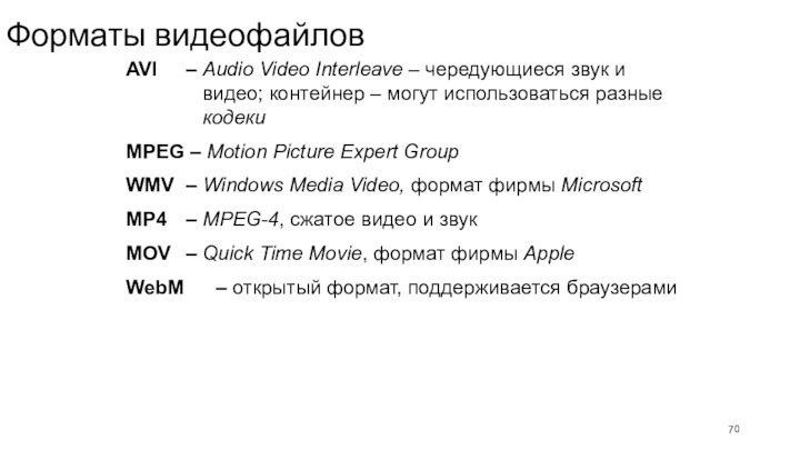 Форматы видеофайловAVI 	– Audio Video Interleave – чередующиеся звук и видео; контейнер
