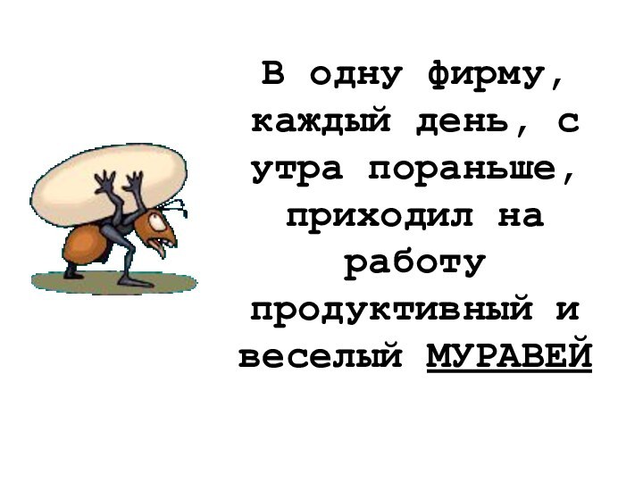 В одну фирму, каждый день, с утра пораньше, приходил на работу продуктивный и веселый МУРАВЕЙ