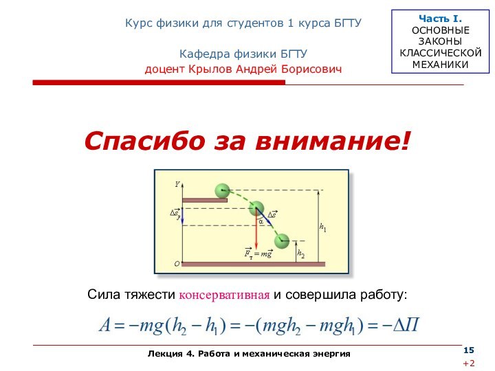 Спасибо за внимание!Курс физики для студентов 1 курса БГТУКафедра физики БГТУ доцент