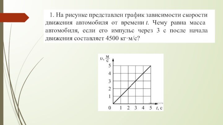 1. На ри­сун­ке представлен гра­фик зависимости ско­ро­сти  дви­же­ния автомобиля от вре­ме­ни t. Чему