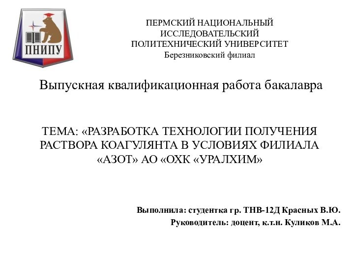 ТЕМА: «РАЗРАБОТКА ТЕХНОЛОГИИ ПОЛУЧЕНИЯ РАСТВОРА КОАГУЛЯНТА В УСЛОВИЯХ ФИЛИАЛА «АЗОТ» АО «ОХК