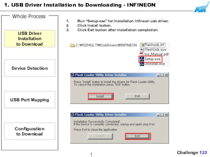 Device DetectionUSB Port Mapping1. USB Driver Installation to Downloading - INFINEONRun “Setup.exe”