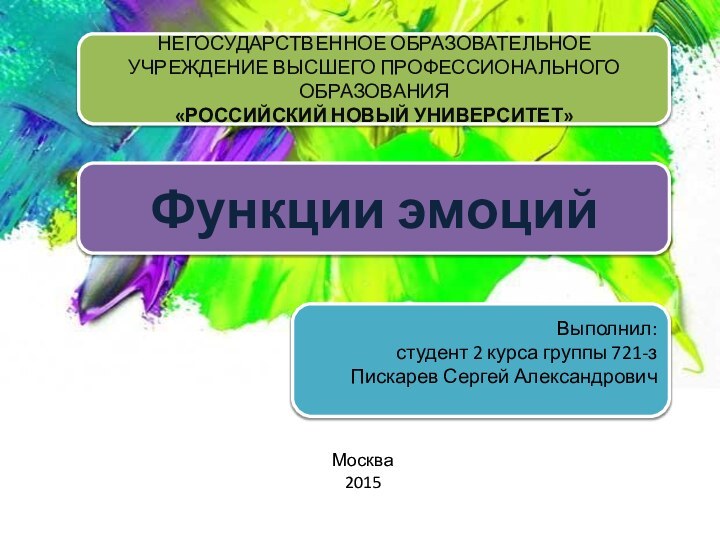 Москва2015НЕГОСУДАРСТВЕННОЕ ОБРАЗОВАТЕЛЬНОЕ УЧРЕЖДЕНИЕ ВЫСШЕГО ПРОФЕССИОНАЛЬНОГО ОБРАЗОВАНИЯ«РОССИЙСКИЙ НОВЫЙ УНИВЕРСИТЕТ»Функции эмоцийВыполнил: студент 2 курса группы 721-зПискарев Сергей Александрович