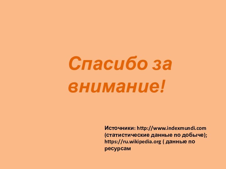 Спасибо за внимание!Источники: http://www.indexmundi.com (статистические данные по добыче); https://ru.wikipedia.org ( данные по ресурсам