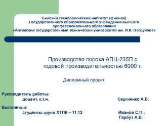 Производство пороха АПЦ-235П с годовой производительностью 6000 т